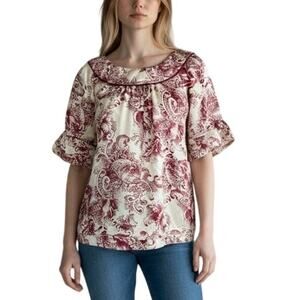 BCBGmaxazria Blouse S Burgundy‎ Cream Floral Silk Ruffle Sleeve Top Baroque Boho